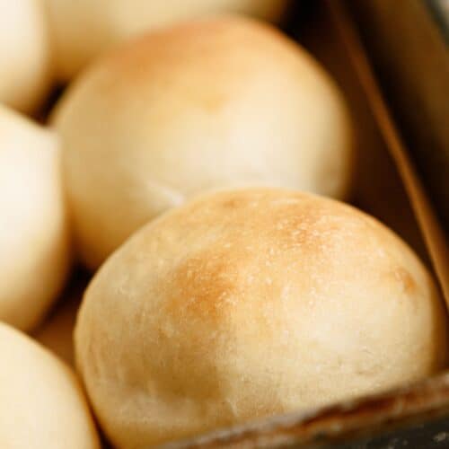 A pan with freshly baked Potato Rolls.