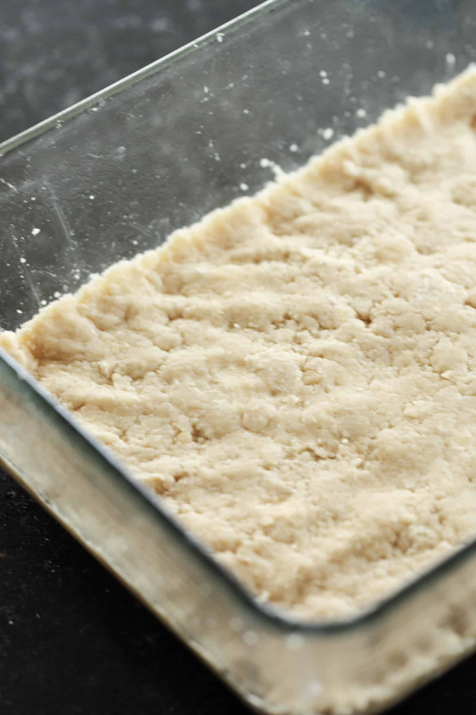 Shortbread crust in glass pan