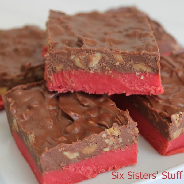 Cherry Bing Bars cut into squares stacked on top of each other.