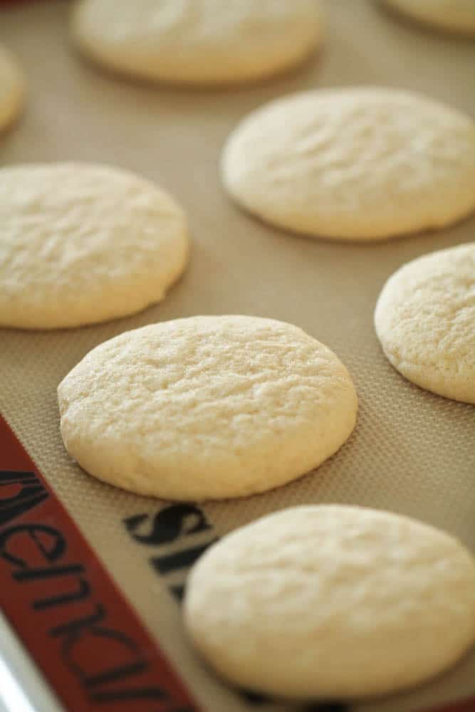 Baked sugar cookies on cookie sheet for six sisters stuff