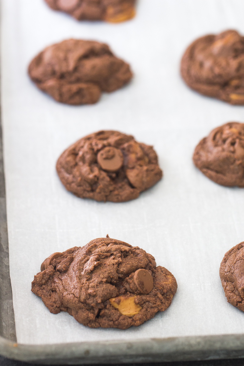 Chocolate Caramel Nutella Cookies on a baking sheet