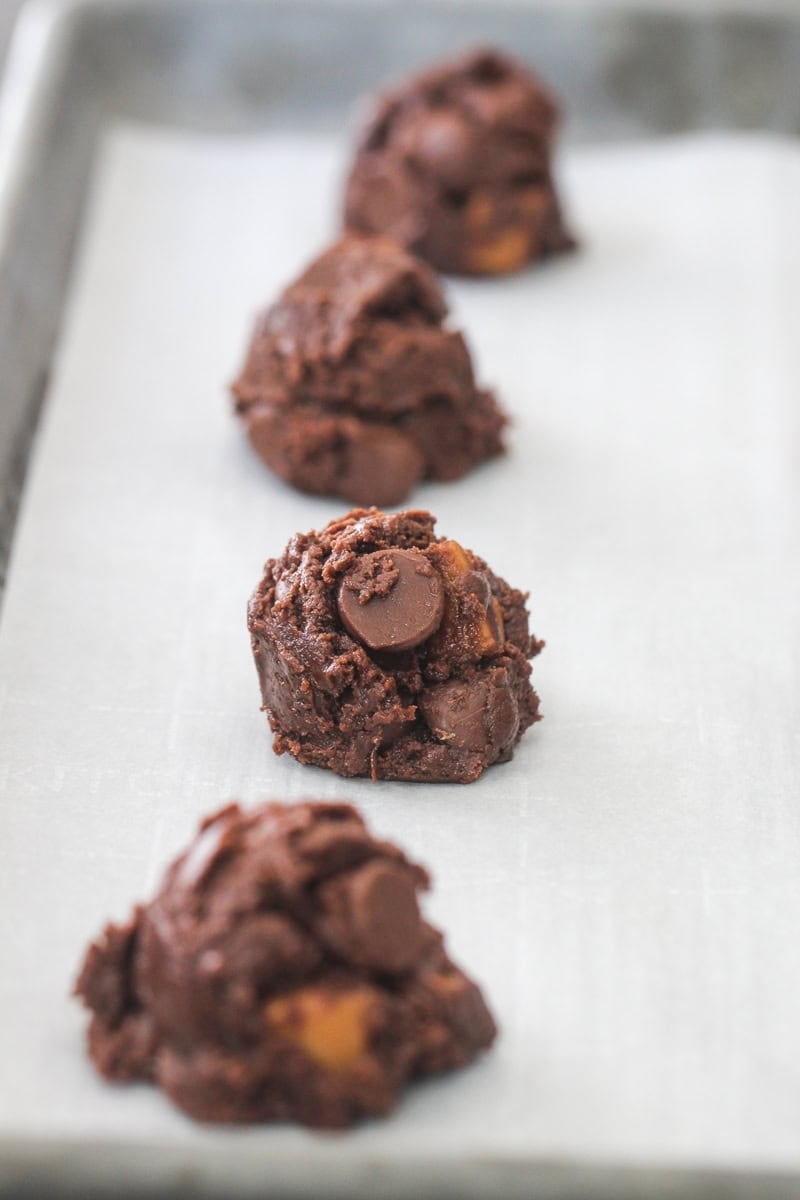 Chocolate Caramel Nutella Cookies dough on a baking sheet