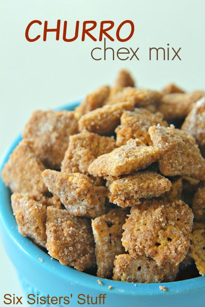 Cinnamon Churro Chex Mix in a blue bowl