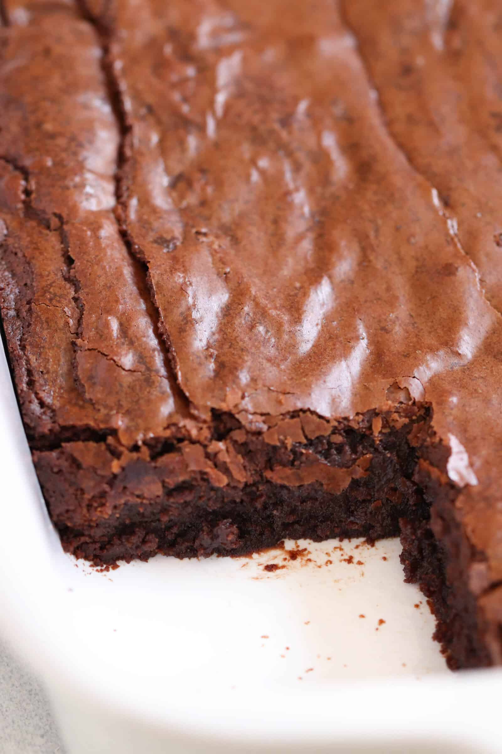 A pan of Fudgy Nutella Brownies with one square missing