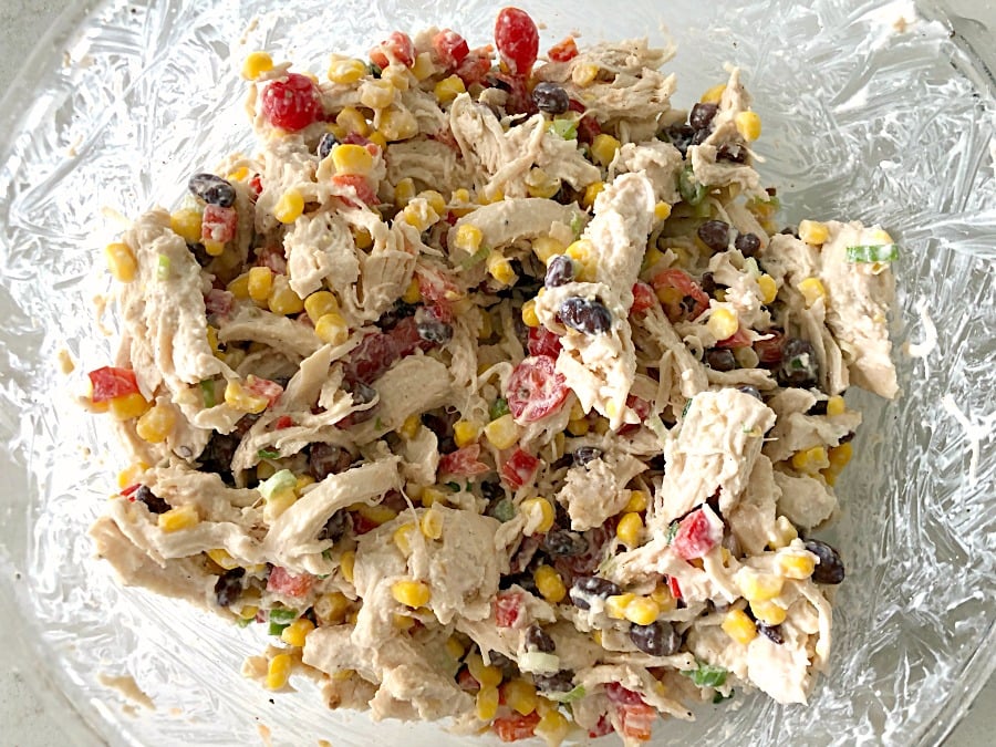 Southwest Chicken Salad mixed together in a mixing bowl