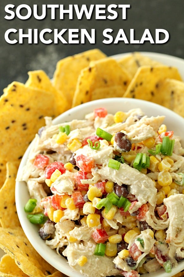 Southwest Chicken Salad on a plate with tortilla chips