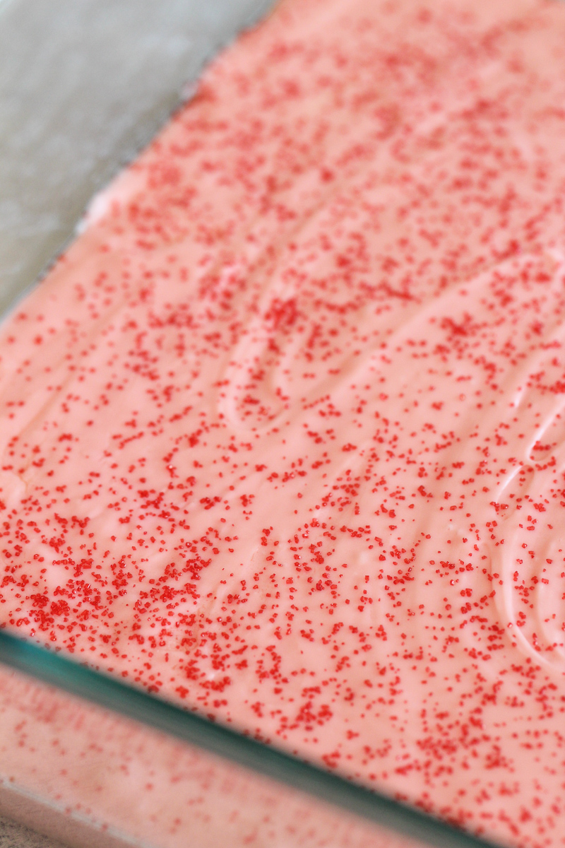 pan of two ingredient strawberry fudge with sprinkles