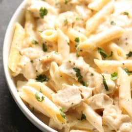 dish of chicken Alfredo pasta with homemade Alfredo sauce