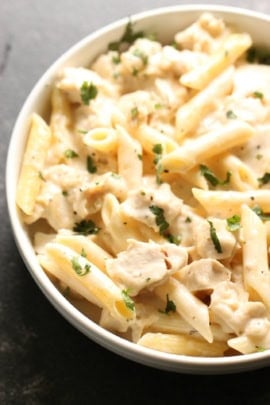 dish of chicken Alfredo pasta with homemade Alfredo sauce