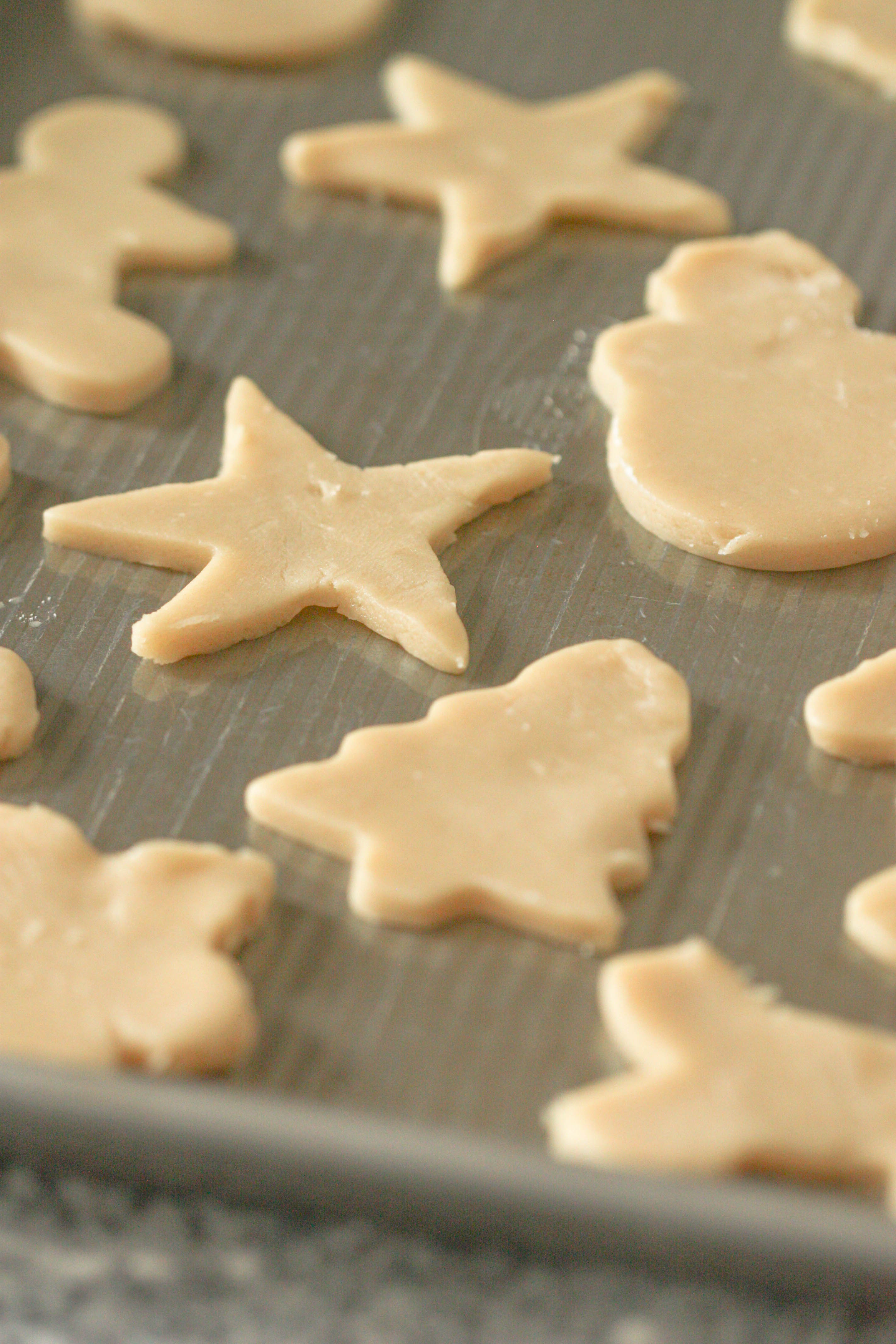 Sugar Cookie shapes on a baking sheet