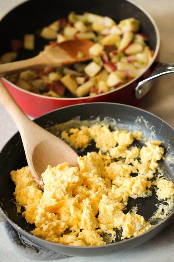 Fluffy scrambled eggs in a skillet