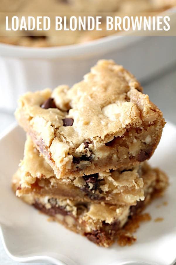 2 Loaded Blonde Brownies sliced and on a plate