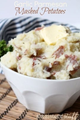 Garlic Parmesan Mashed Potatoes in a white bowl.