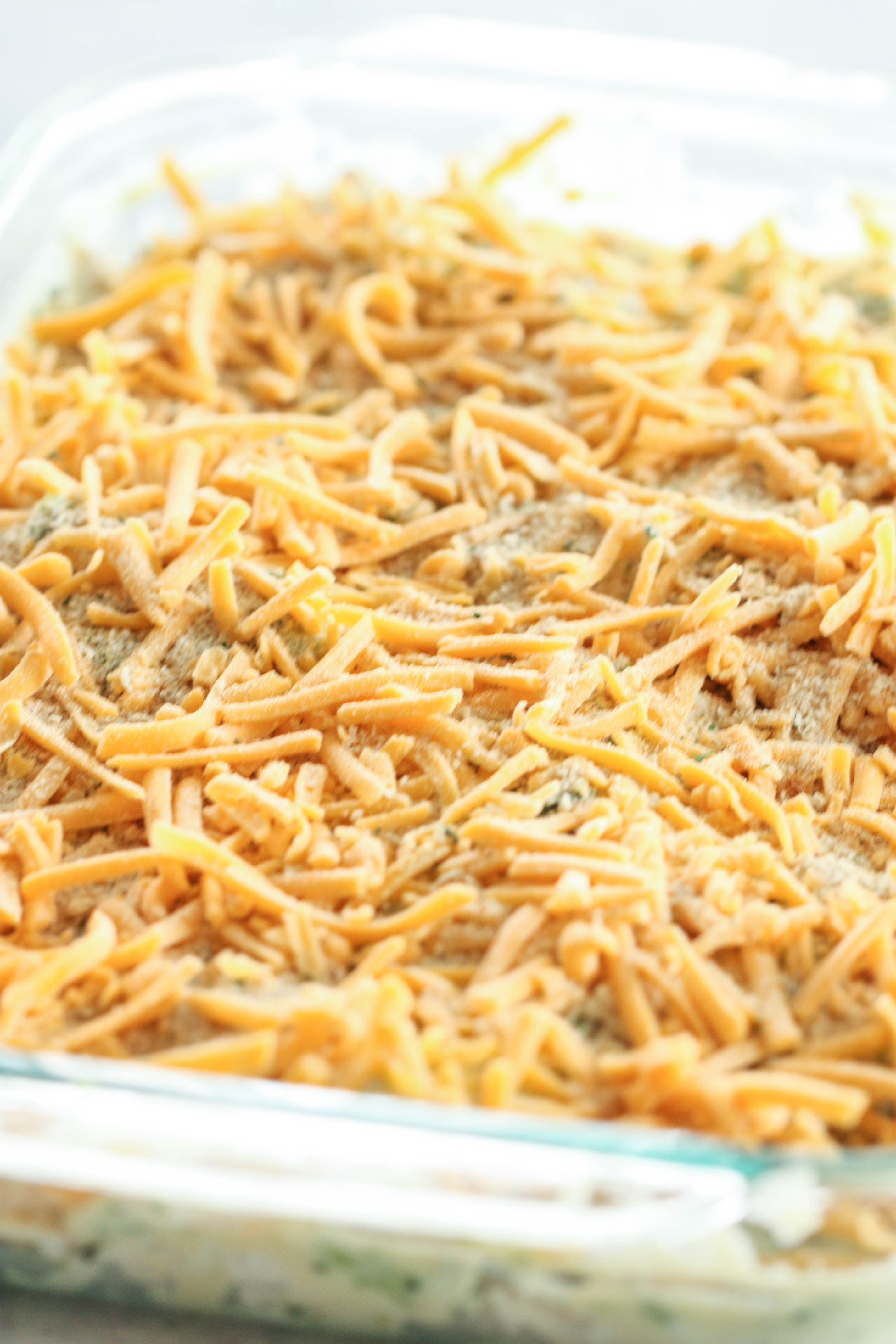 Unbaked Easy Chicken and Broccoli Casserole in a casserole dish