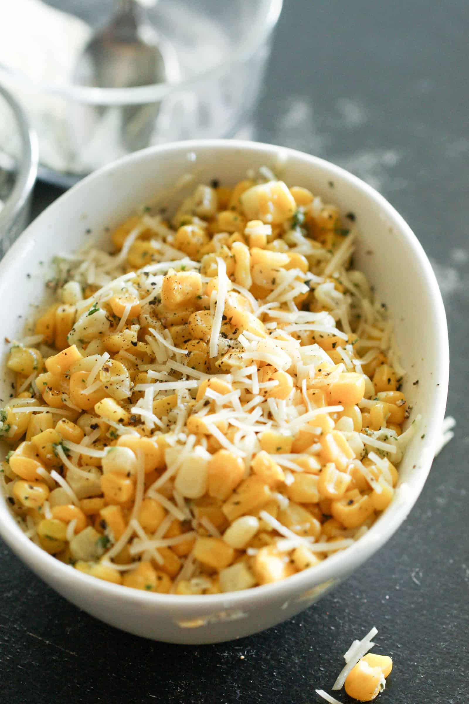 Parmesan Ranch Corn in a white serving bowl