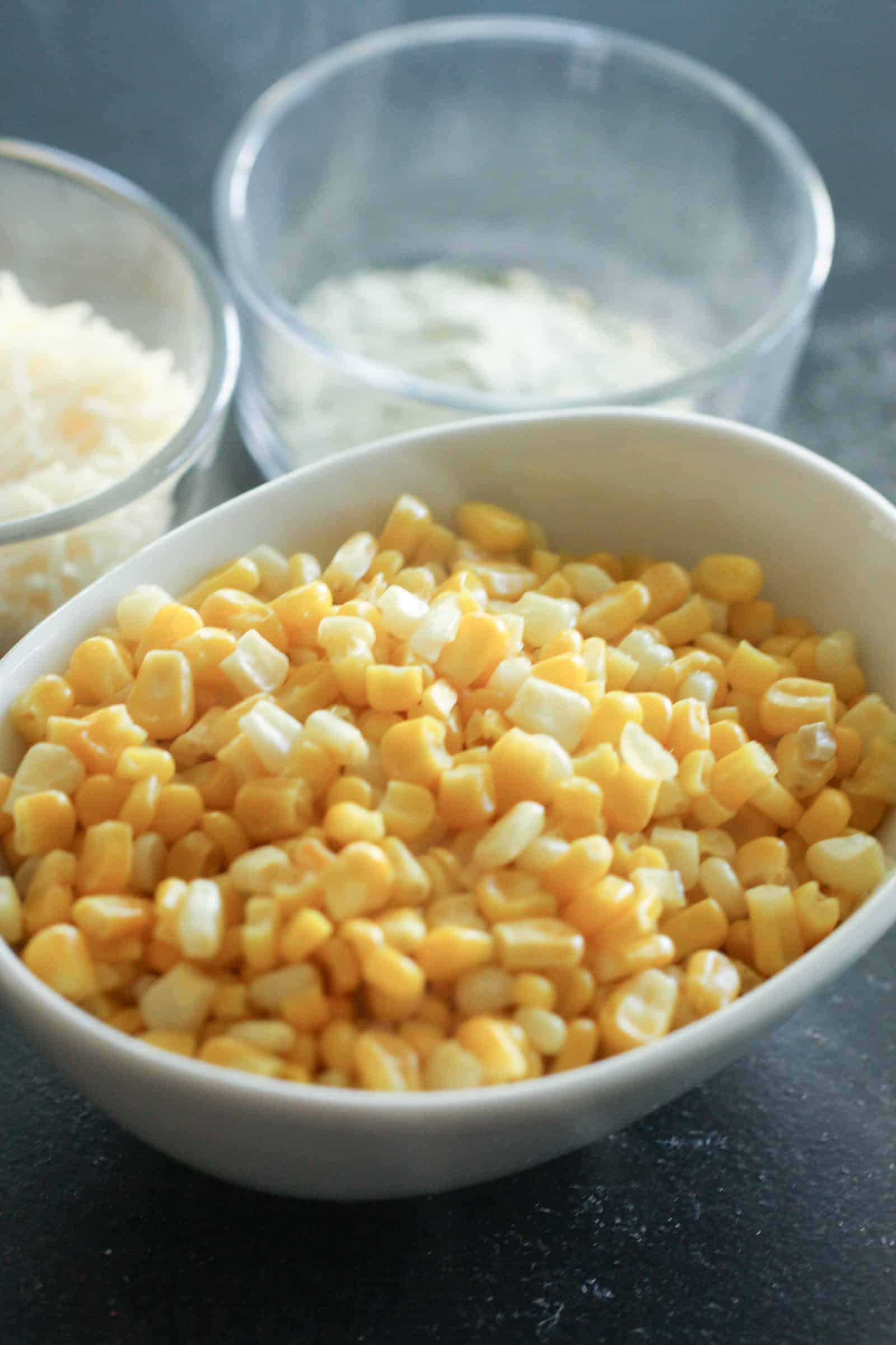 Corn in a white serving dish