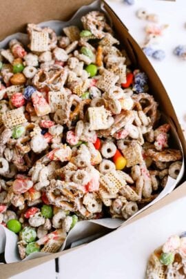 Halloween treat of White Chocolate Chex Mix in a box