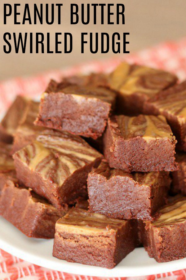 Peanut Butter Swirl Fudge cut into squares on a plate