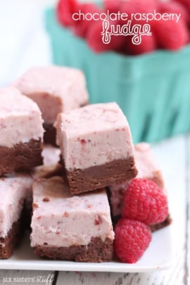 chocolate raspberry fudge stacked on a plate
