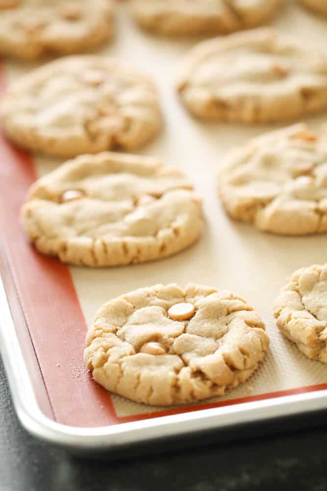 peanut butter cookies with peanut butter chips on baking sheet