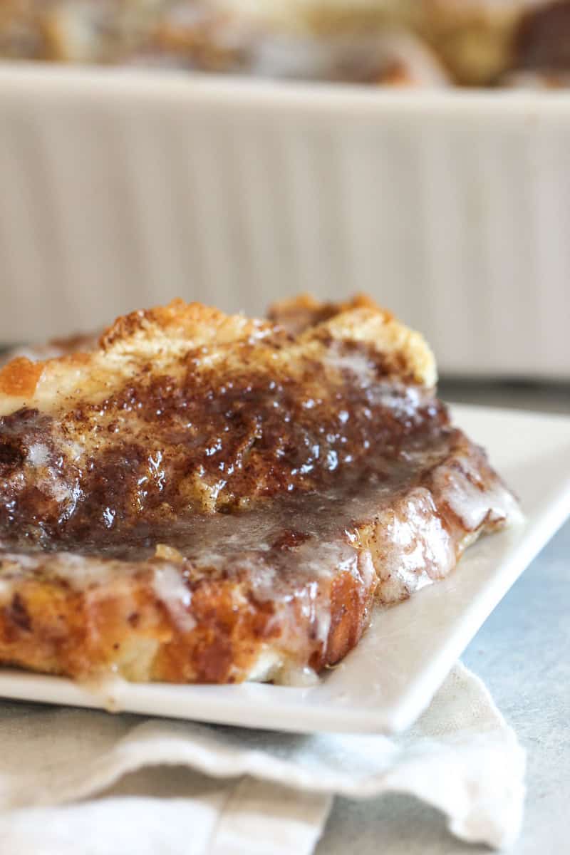 Serving of Cinnamon Roll French Bread Bake on a plate.