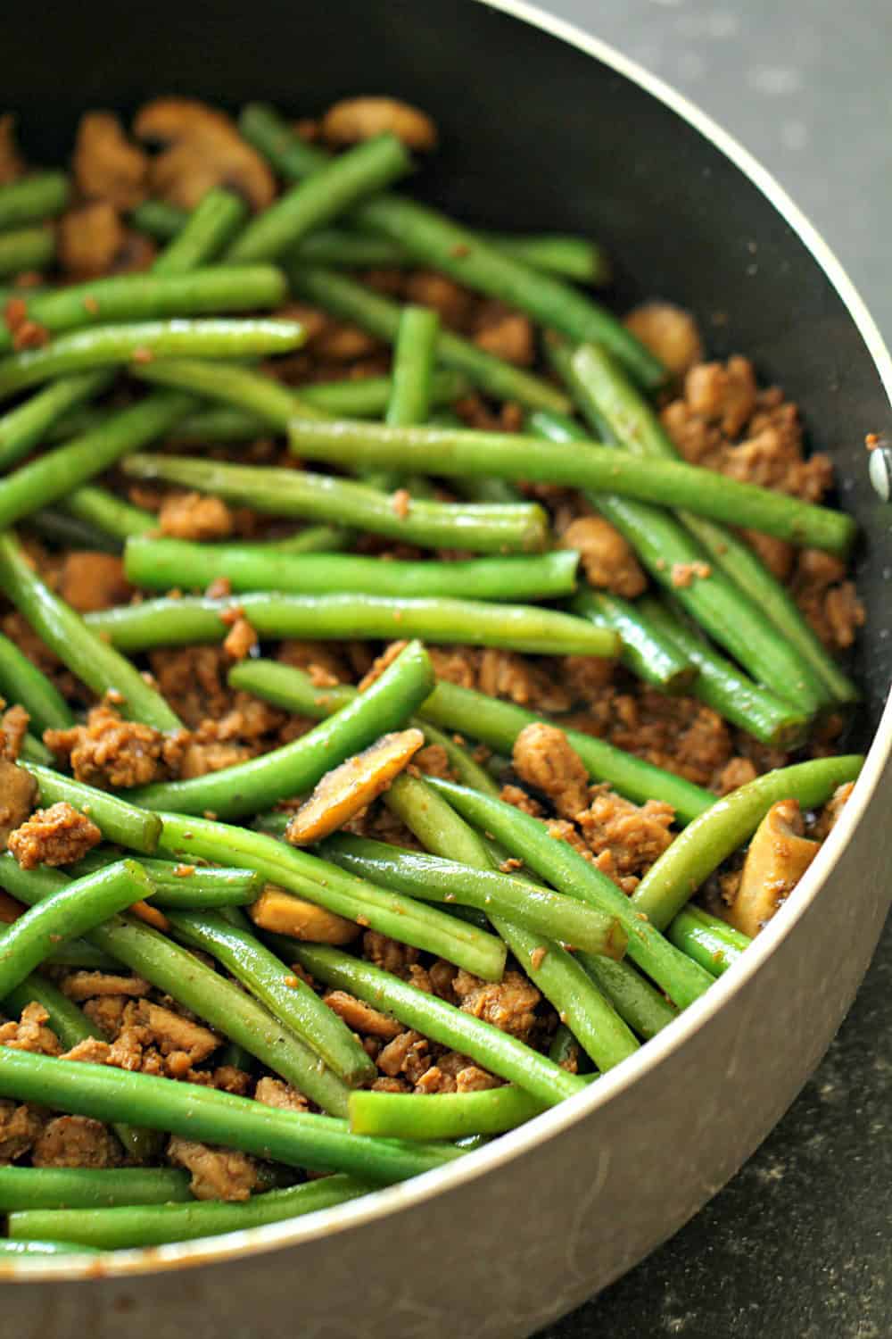 Chinese Ground Turkey and Green Bean Stir-Fry in large pan