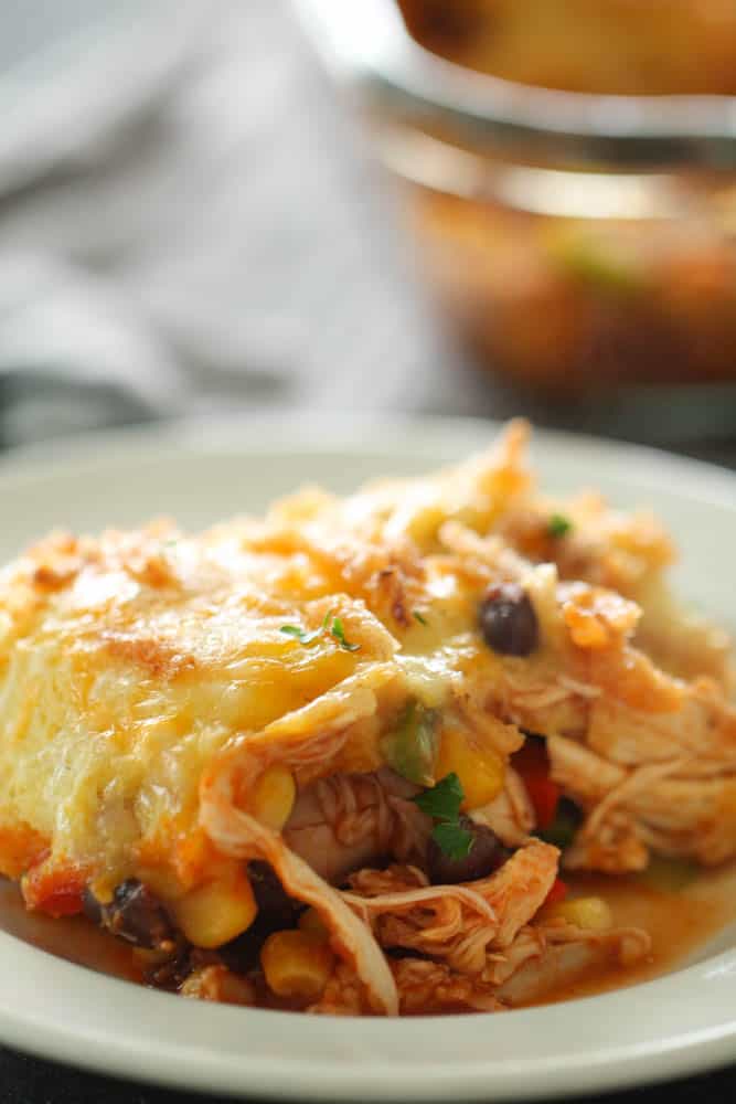 A serving of Cornbread Taco Bake on a white plate