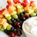 rainbow fruit kabobs with fluffy marshmallow dip