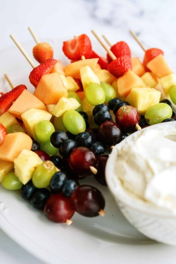 rainbow fruit kabobs with fluffy marshmallow dip