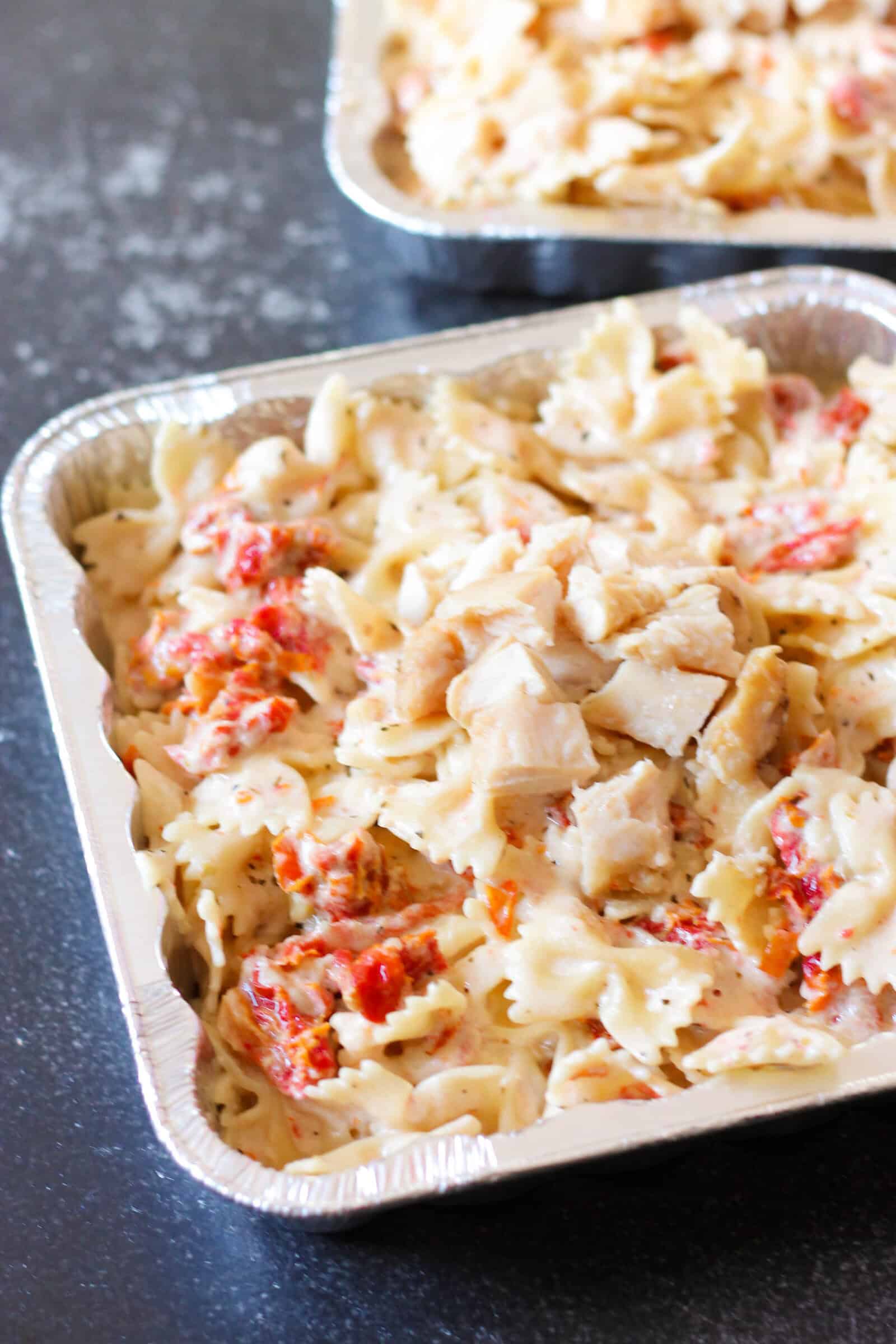 Tuscan Pasta Freezer meal in freezer dish.