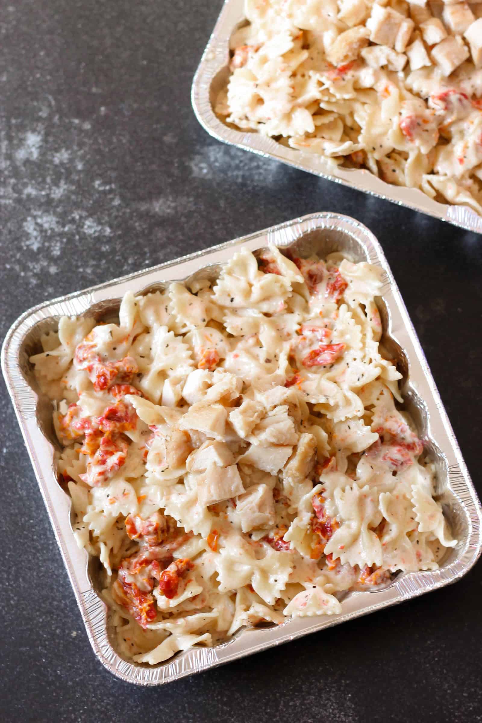 Tuscan Pasta Freezer Meal in disposable freezer pan