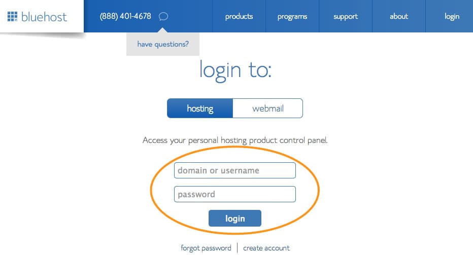 bluehost-login-panel