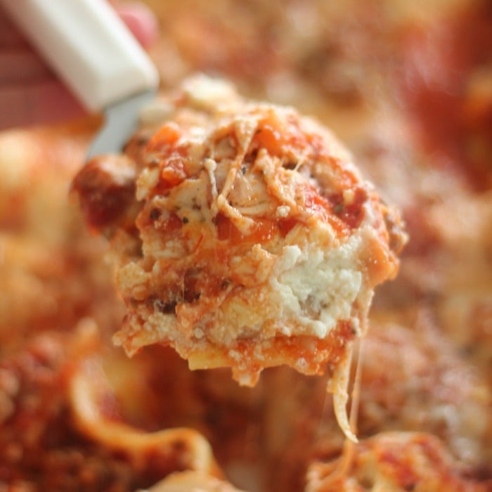 Cheesy lasagna bite made from easy lasagna recipe