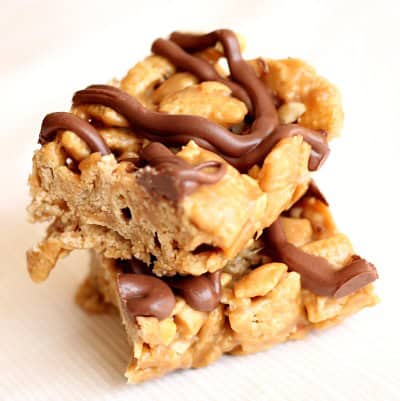 2 No Bake Peanut Butter Chex Bars stacked.