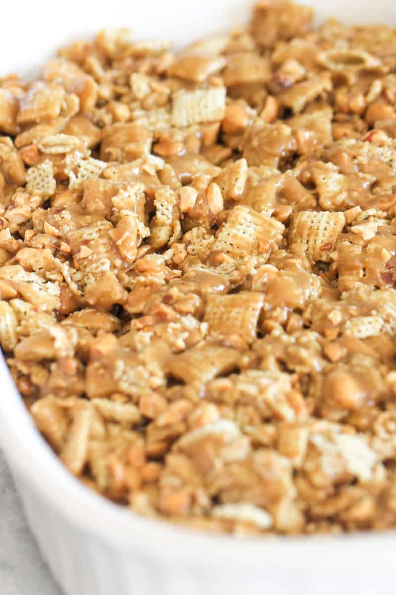 No Bake Peanut Butter Chex Bars pressed into 9x13 pan