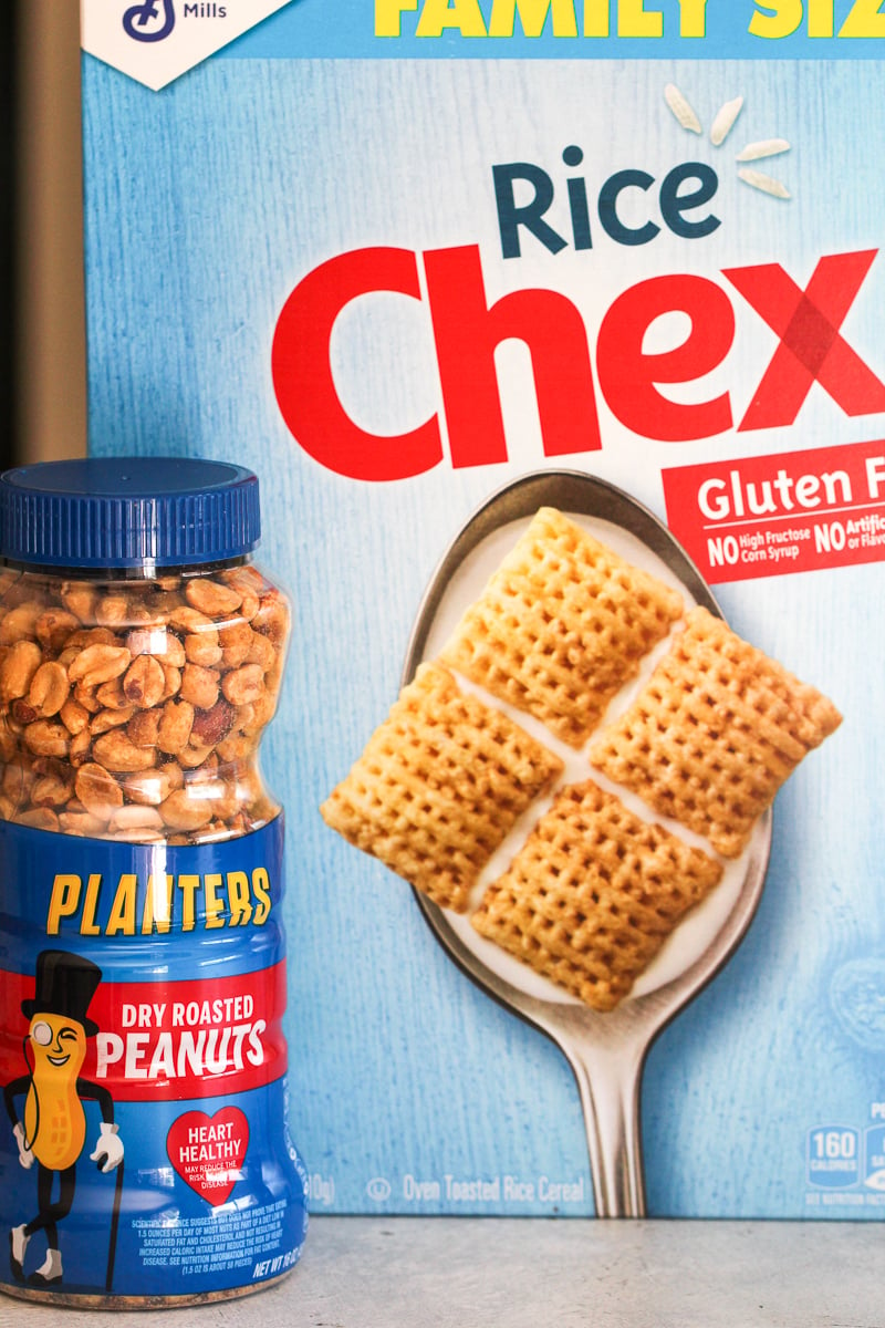 Box of rice chex cereal and peanuts