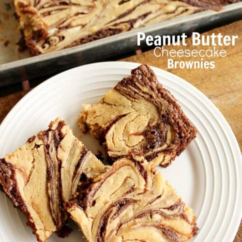 Peanut Butter Cheesecake Brownies on a white plate.