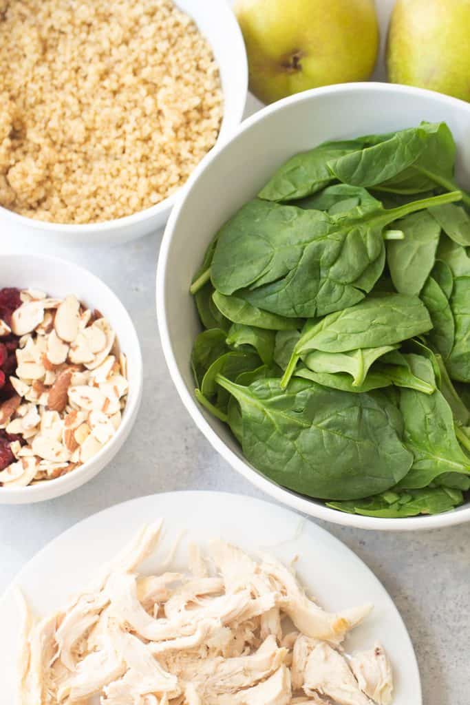 ingredients in chicken and pear quinoa salad