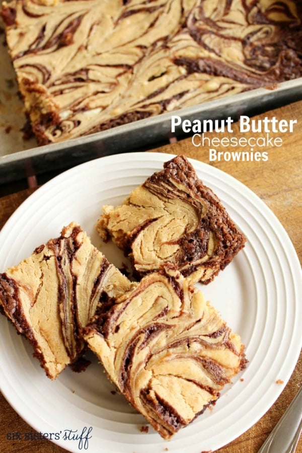 Peanut Butter Cheesecake Brownies on a white plate.
