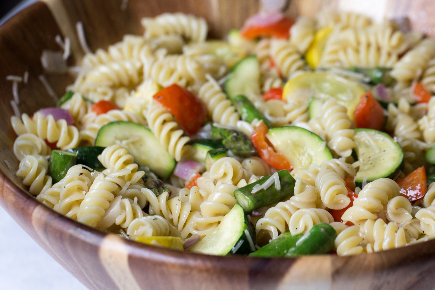 Close up of Roasted Veggie Pasta Salad in a salad bowl