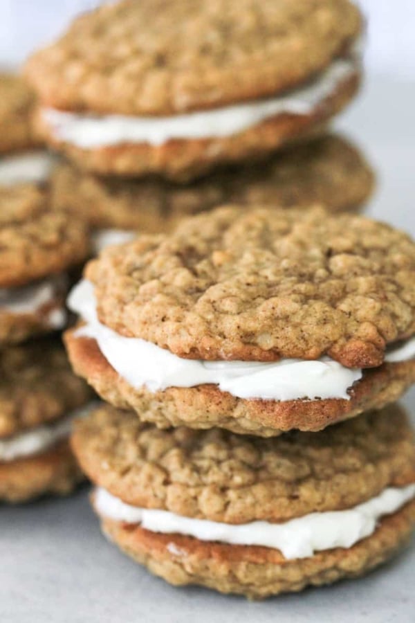 Oatmeal Creme Pies stacked on top of each other.