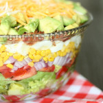 layered cobb salad on red checkered tablecloth