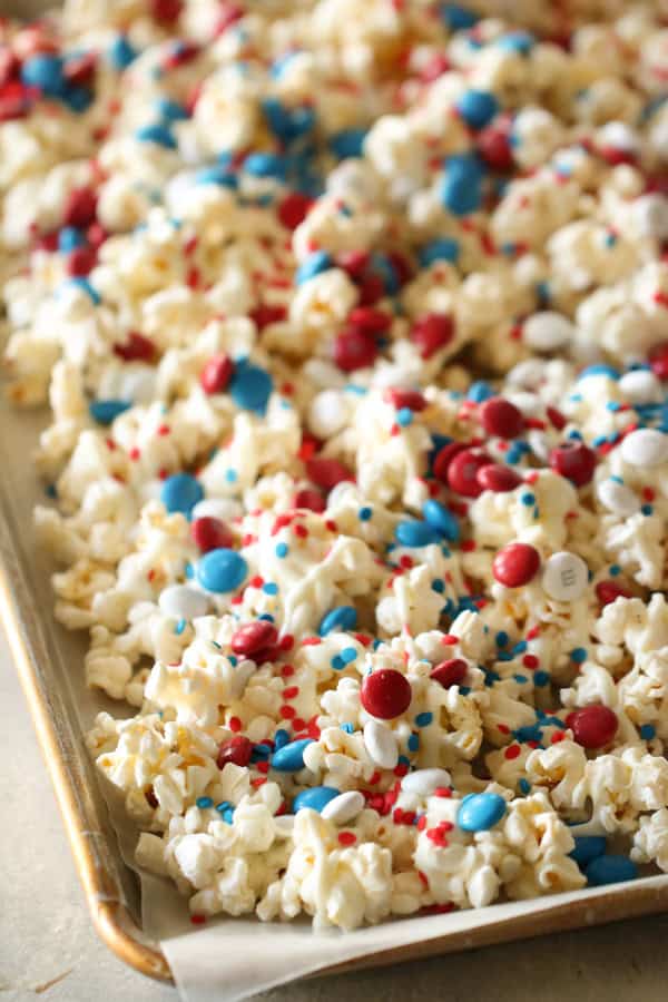 4th of July Patriotic Popcorn on baking sheet