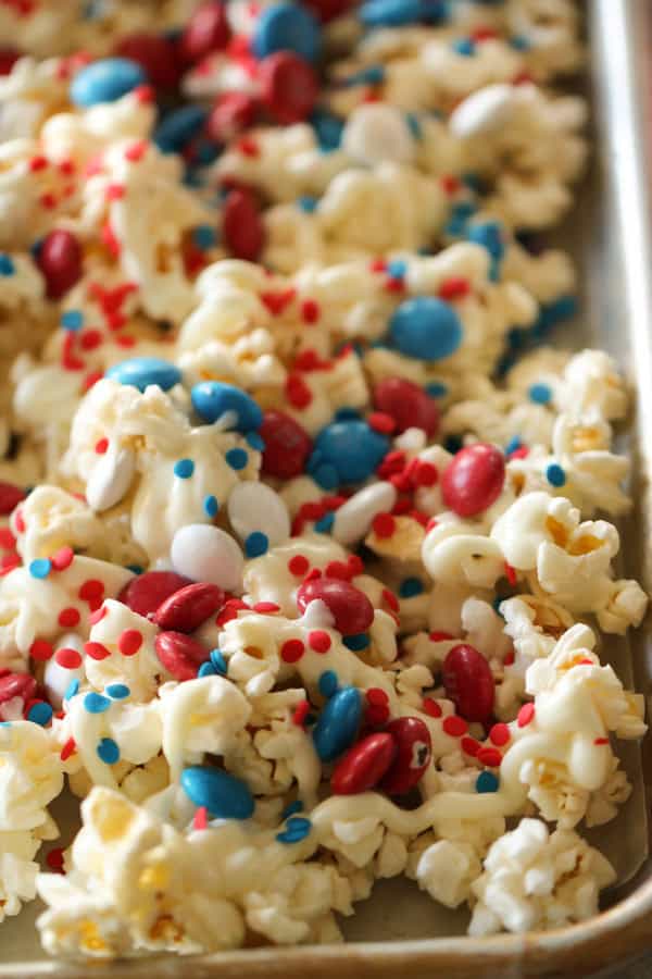 4th of July Patriotic Popcorn on baking sheet
