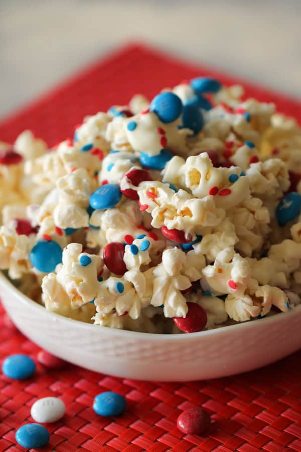 4th of July Patriotic Popcorn in a white bowl