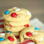 patriotic pudding cookies with blue, red, and white m&ms