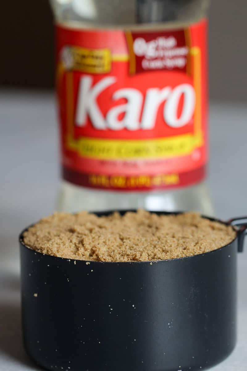 Image of brown sugar and karo syrup for no bake peanut butter kiss cookies.