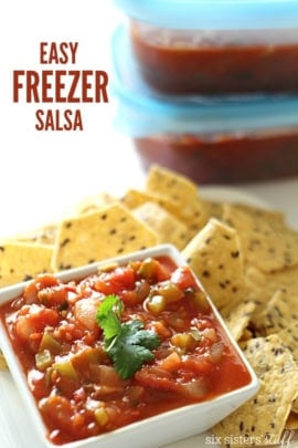 Bowl of salsa with cilantro garnish surrounded by tortilla chips.