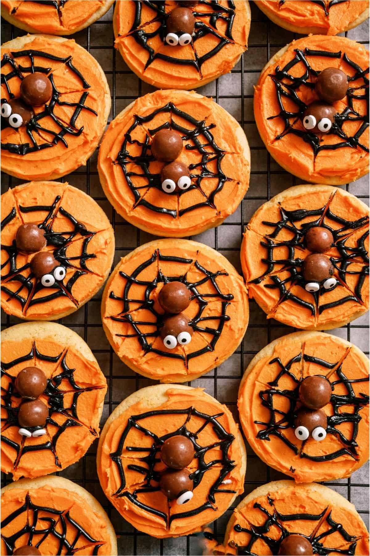 Top view of Spider Web Sugar Cookies on a cooling rack.
