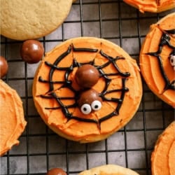 Top view of Spider Web Sugar Cookies on a cooling rack.